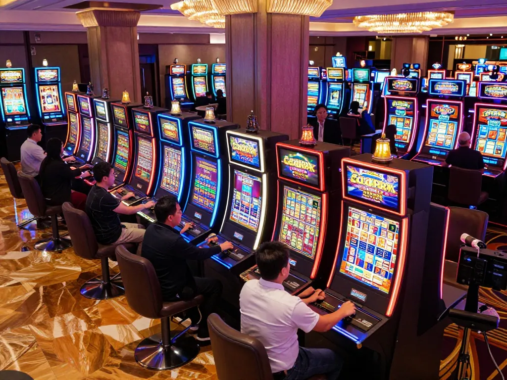 Players enjoying the immersive slot gacor experience at a vibrant casino, surrounded by colorful machines and excitement.