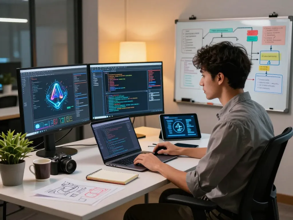 Professional workspace showcasing juicy ai development with coding software, digital whiteboard, and innovative gadgets.