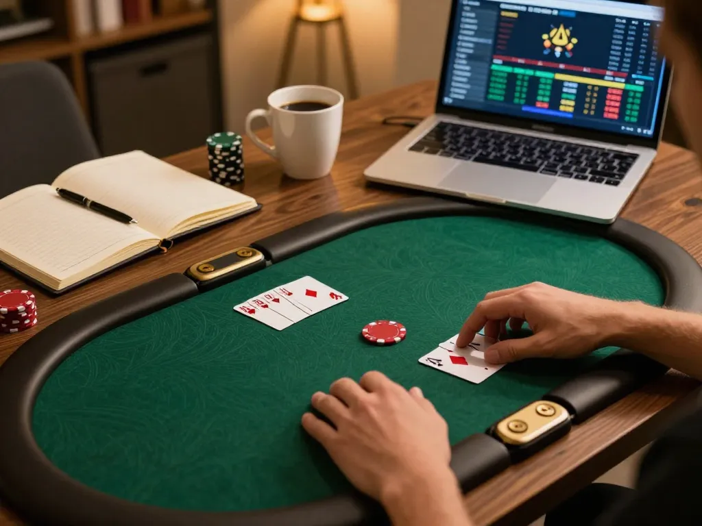 Engaging in 888VI online poker strategy on a tablet in a cozy setting