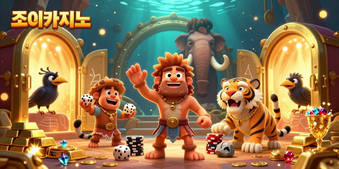 Experience the excitement of 조이카지노 in this dynamic 3D casino scene showcasing a caveman and sabertooth tiger managing games.
