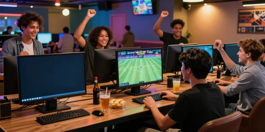 Exciting scene of friends enjoying sports betting in a vibrant gaming lounge, highlighting sports betting companies Lithuania.
