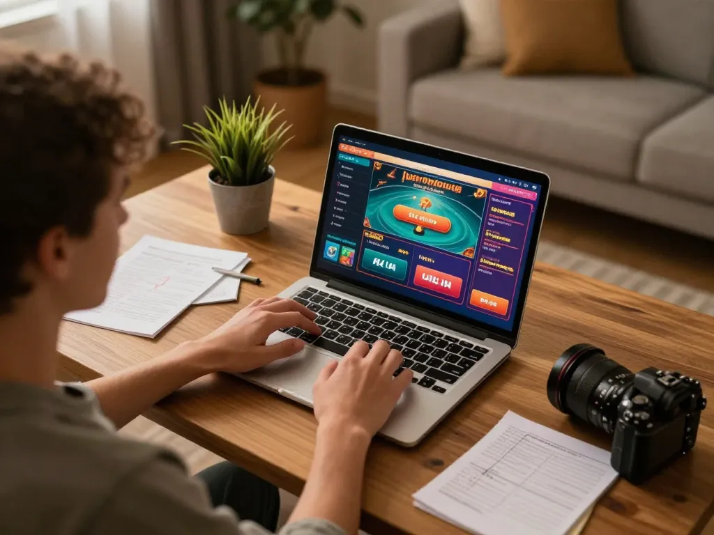 Engaging in online gameplay at okwin with strategy notes and gaming interface visible at home.