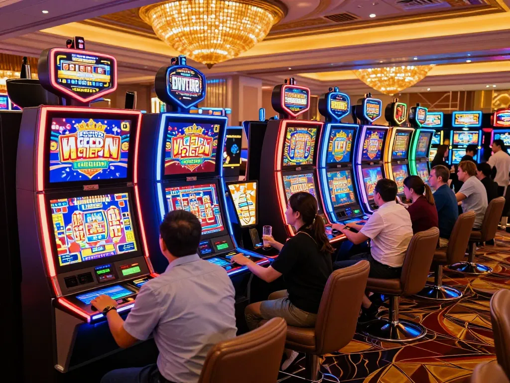 Players enjoying g28tv slot machines in a vibrant casino, celebrating wins amidst bright neon lights.