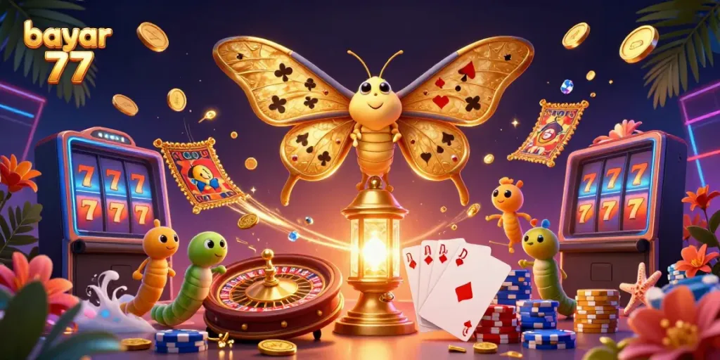 Experience the excitement of bayar 77 with casino elements, golden moths, and vibrant visuals.