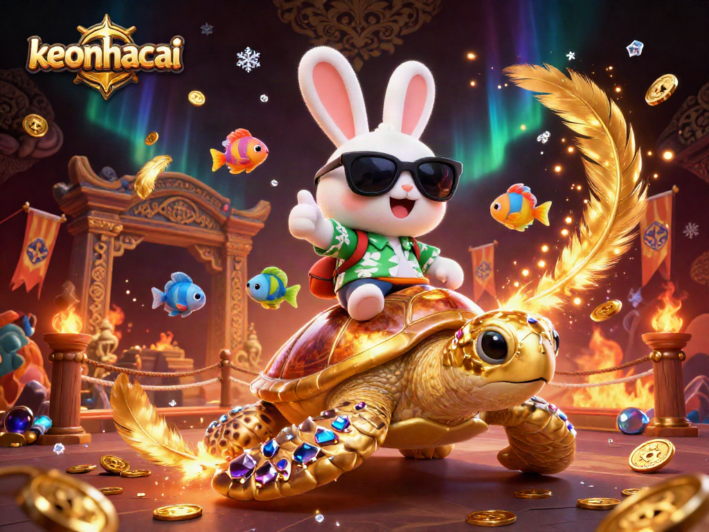 Bet on keonhacai's exciting outcomes featuring a lucky rabbit and a golden turtle surrounded by vibrant casino elements.