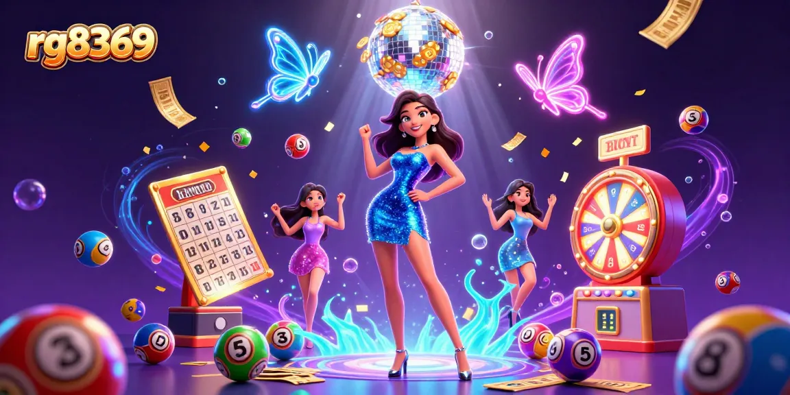 rg8369 showcases dynamic lottery excitement with colorful elements and a glamorous dancer.