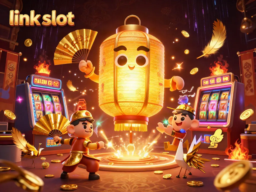 Menghubungkan slot dengan keberuntungan, suasana kasino malam dipenuhi elemen keceriaan dan elemen khas slot.