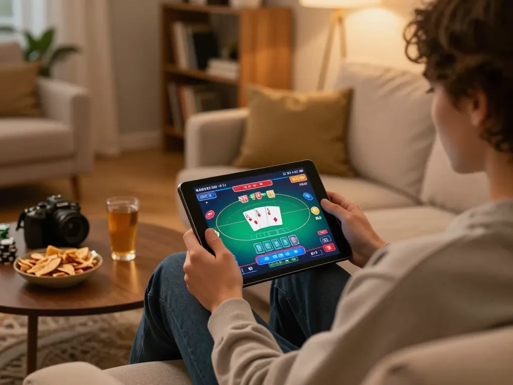 gen-e player engaging in strategic online poker game on tablet at home with cozy ambiance.