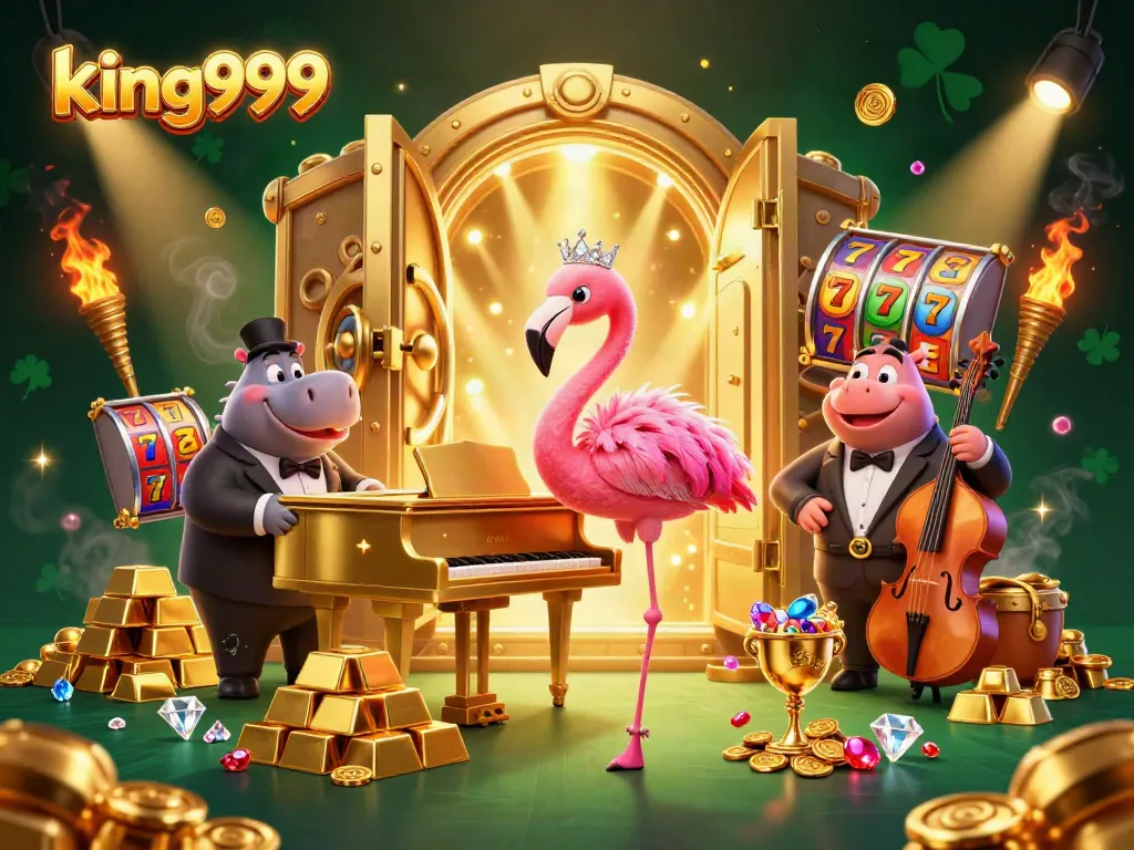 Visualisasi mengesankan dengan flamingo penyanyi dan hippo musisi di kasino, king999 menciptakan suasana menawan.