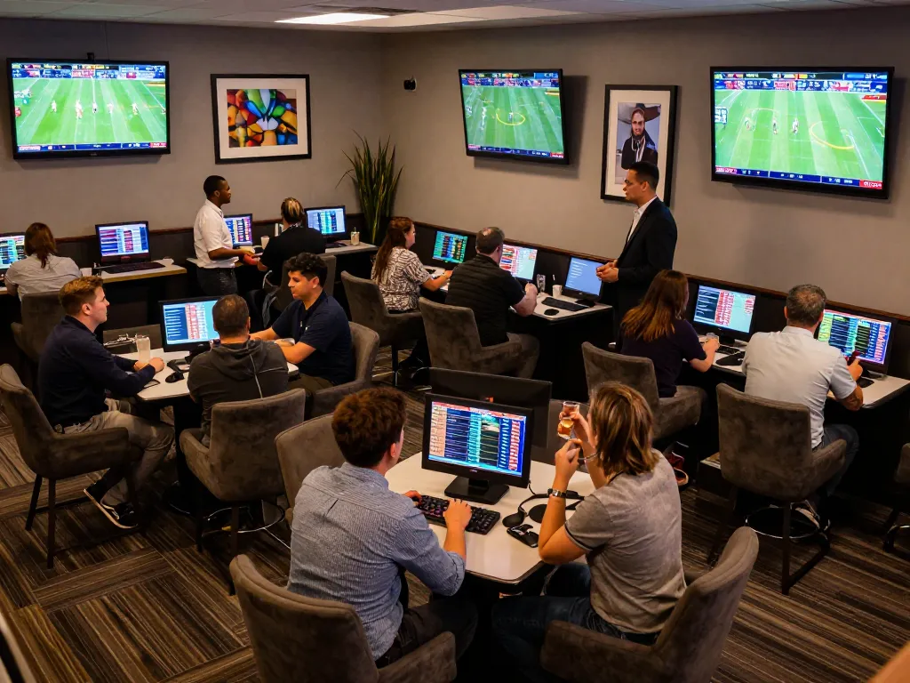 O8 users placing bets in a vibrant sports lounge with live game screens