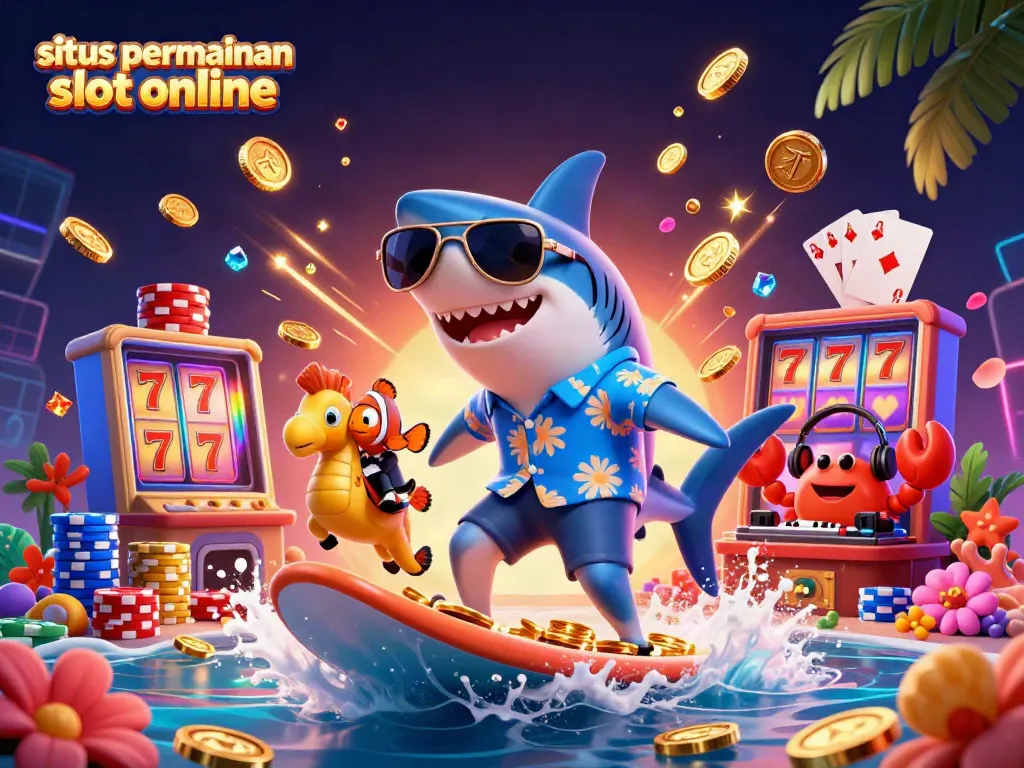 Merayakan kegembiraan situs permainan slot online dengan ilustrasi kartun 3D unik.