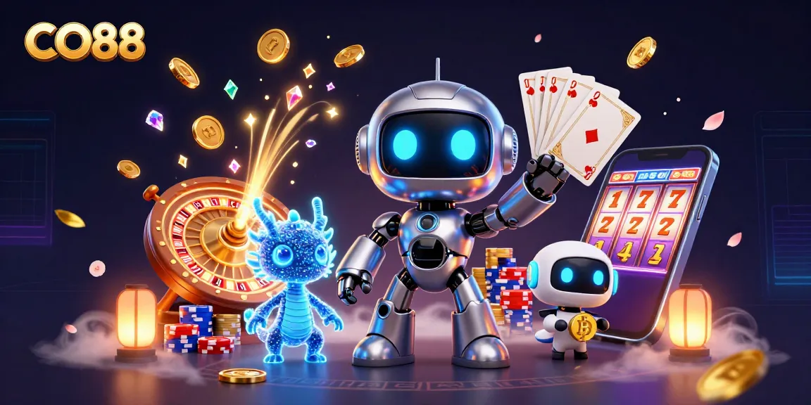 Engage with CO88 through vibrant casino elements and dynamic characters in this immersive digital illustration.