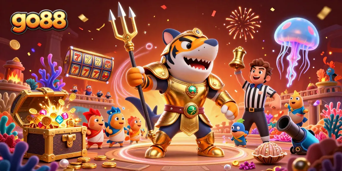 Experience the excitement of go88 with a vibrant underwater casino scene featuring a golden shark and dynamic gaming elements.