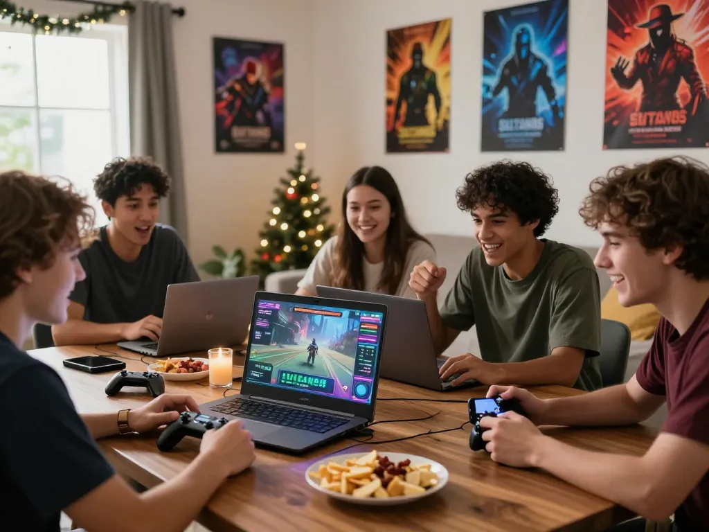 Friends enjoying a Sultan88 gaming session in a cozy living room with snacks and decor.