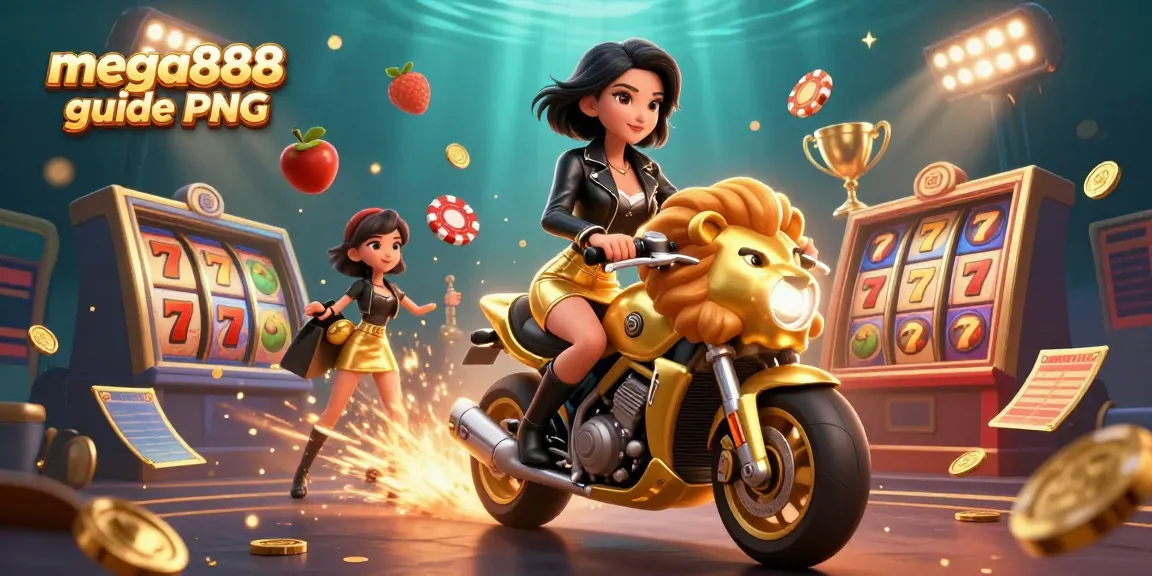 Engage with the mega888 guide PNG through a vibrant, dynamic online gaming illustration.