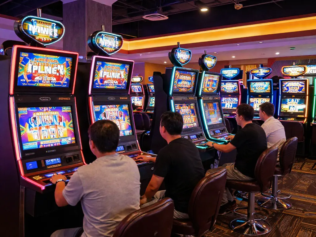 Players engaged with slot machines in a vibrant casino atmosphere, enjoying various games.