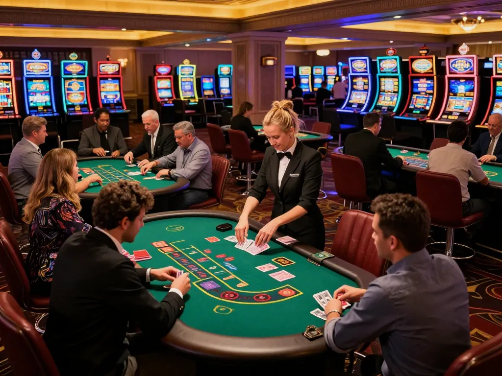 cm88 players enjoying strategic blackjack games on a lively casino floor with vibrant lighting.