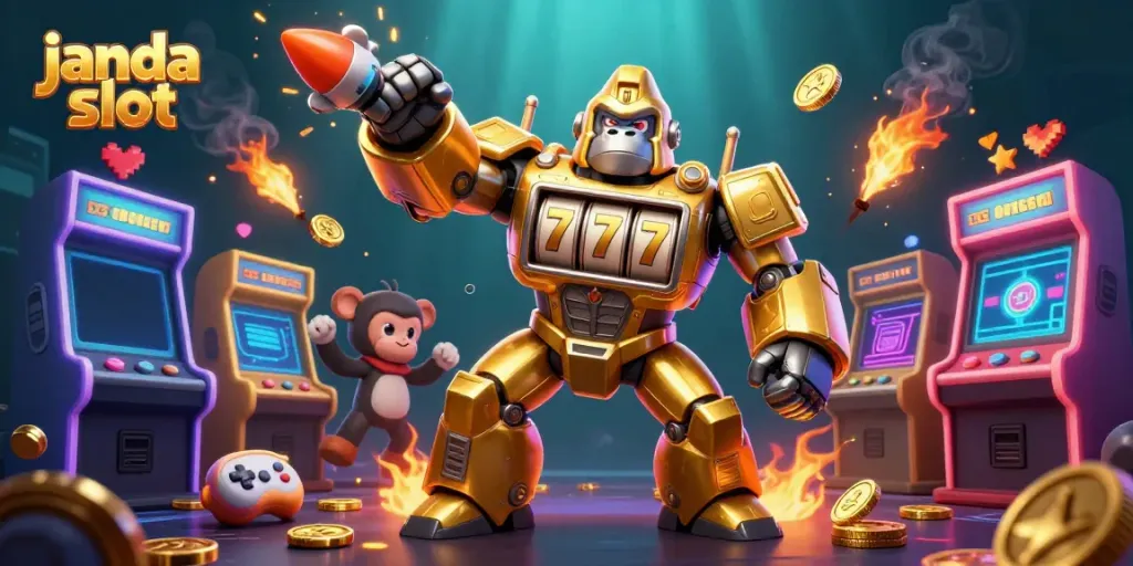Menangkan permainan dengan janda slot yang menampilkan karakter mech gorila emas yang dinamis dan mesin arcade berwarna-warni.