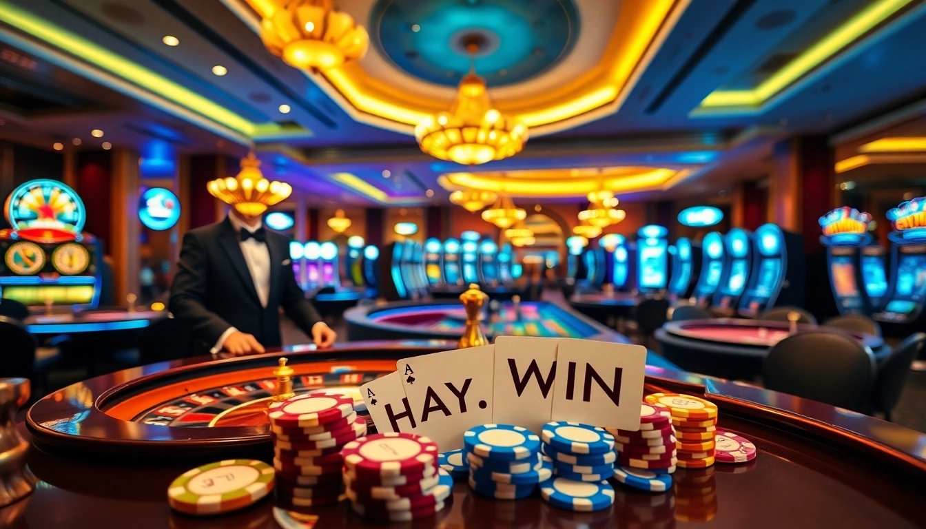 Players enjoying casino games at HAY.WIN, surrounded by luxurious decor and vibrant gaming action.