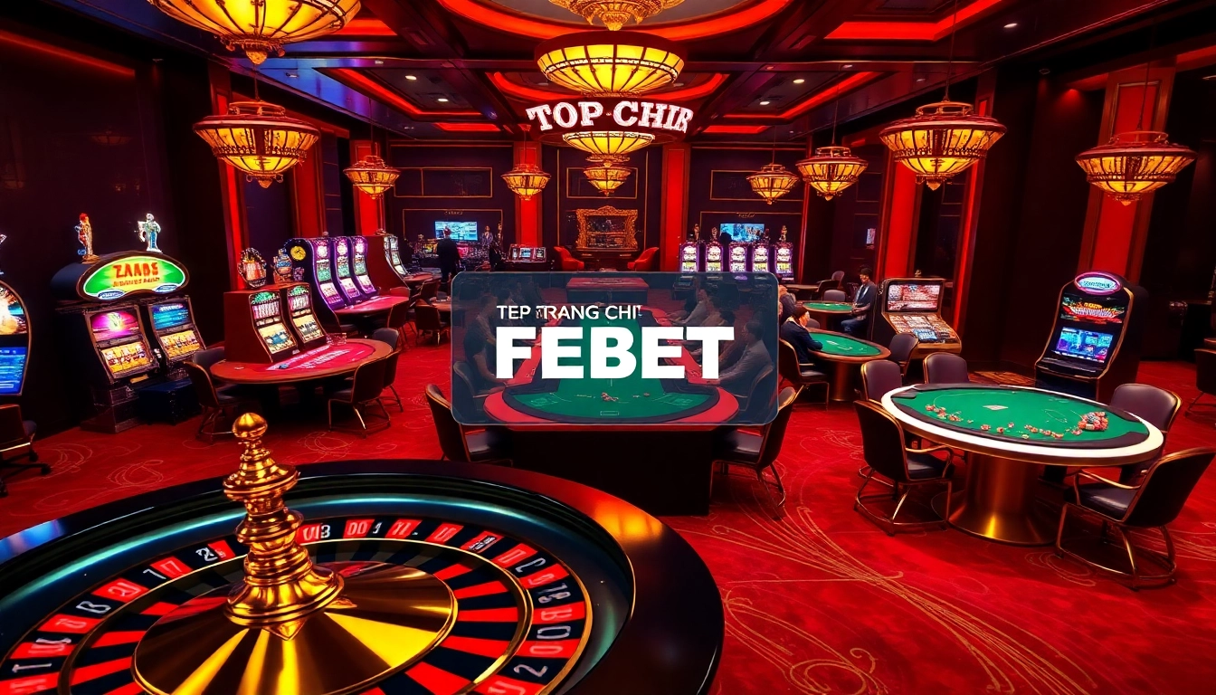 Exciting casino scene on TRANG CHỦ FEBET featuring blackjack, poker, and colorful slot machines.