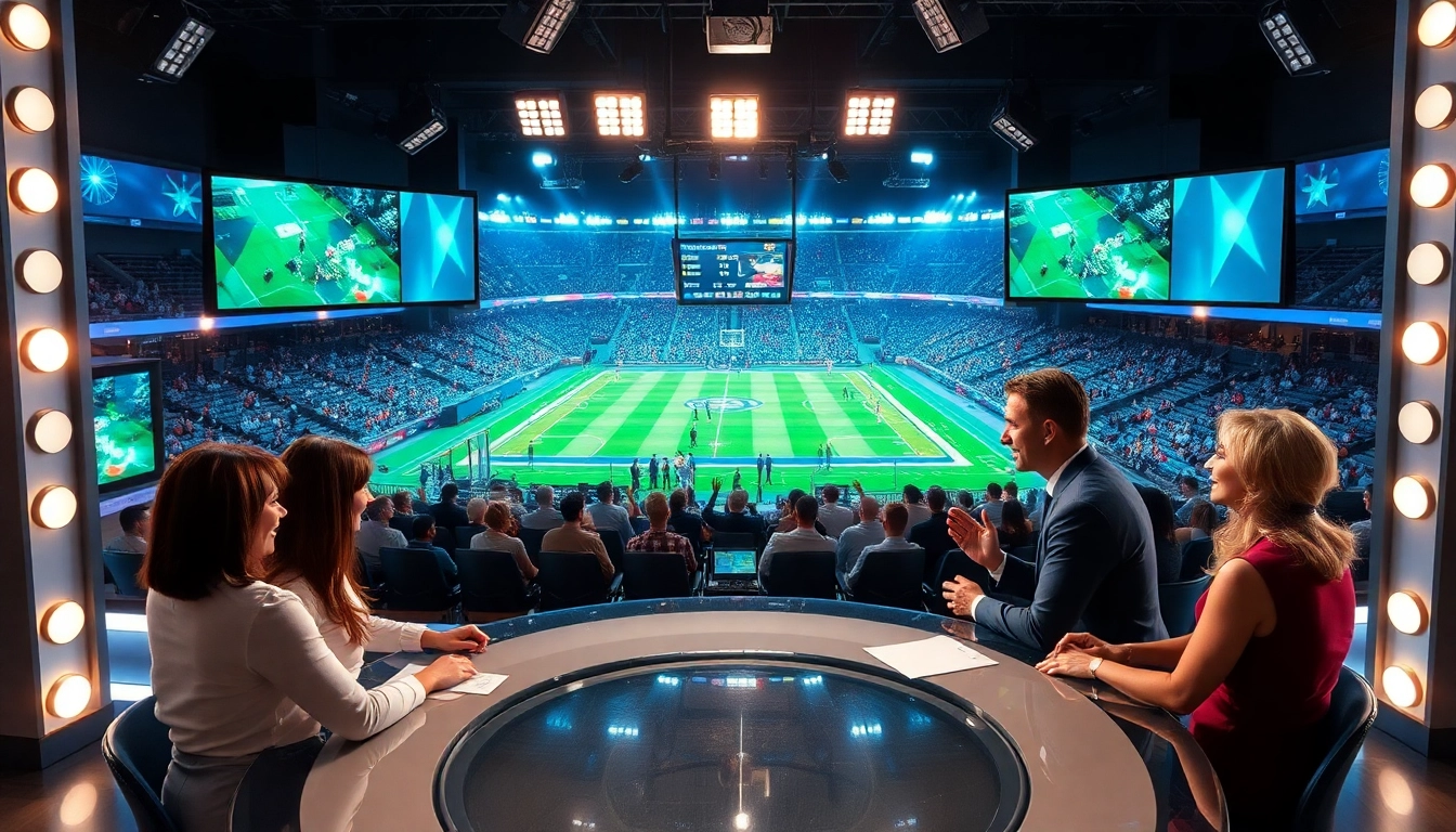 Dynamic sports broadcasting studio featuring diverse hosts engaging viewers with lively discussions.