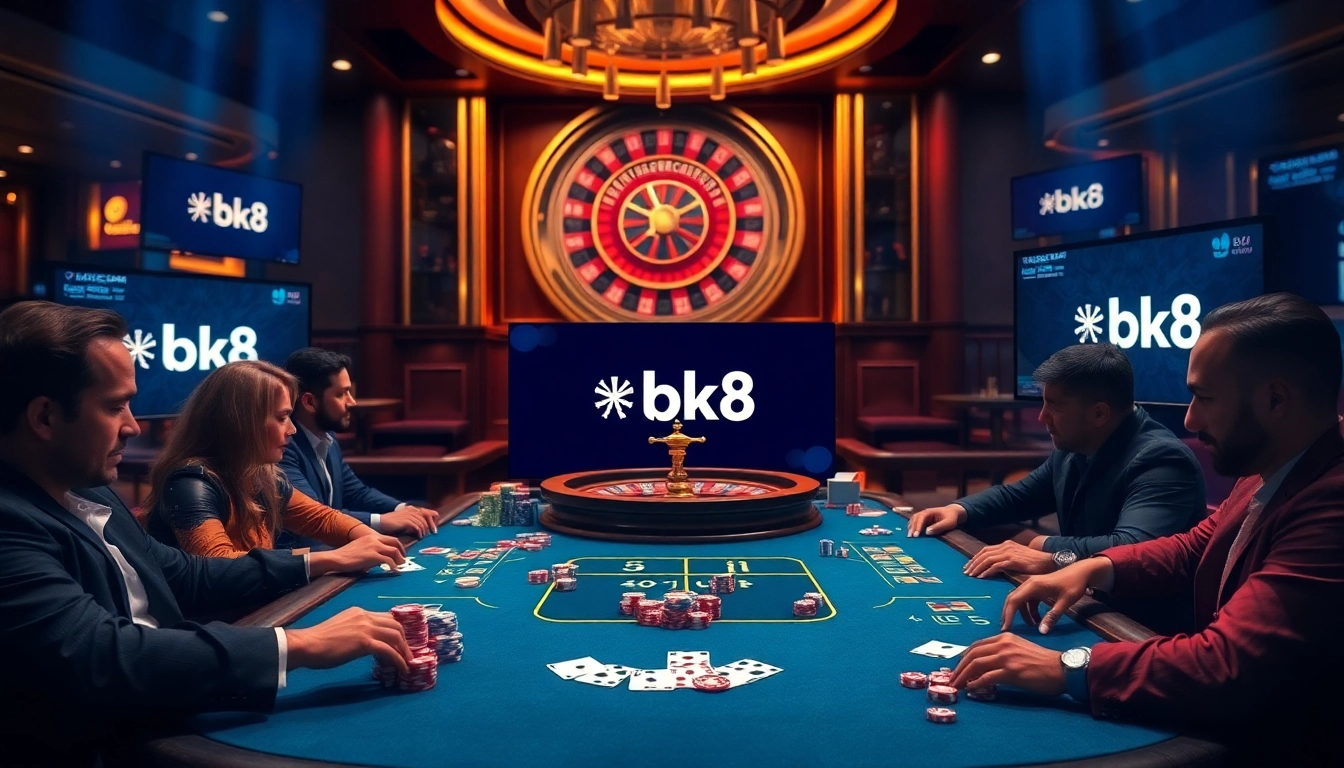 Experience thrilling gameplay with เครดิตฟรี bk8 at a lavish casino table featuring poker chips and cards.