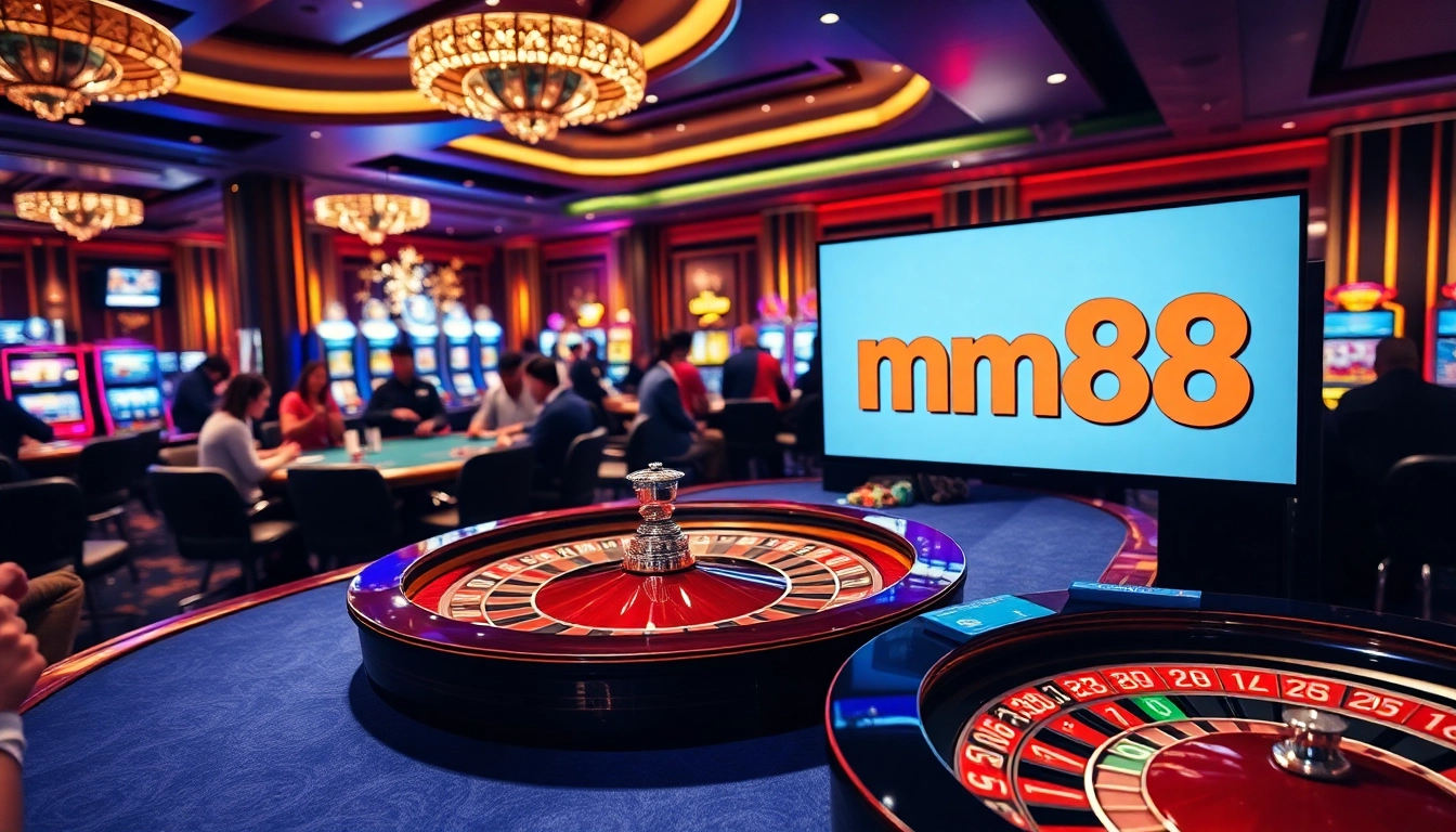 Experience thrilling gambling at MM88 with a dynamic casino scene showcasing poker and roulette.