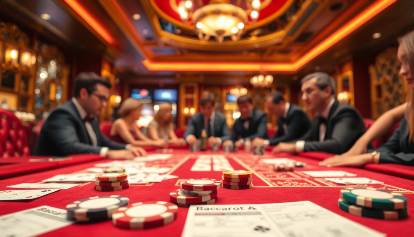 Baccarat 99win players engaging in a high-stakes game at an elegant casino table, highlighting excitement and skill.