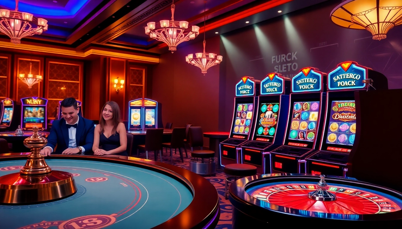 Engaging scene of a slot demo showcasing exciting gameplay with colorful machines and gamblers.