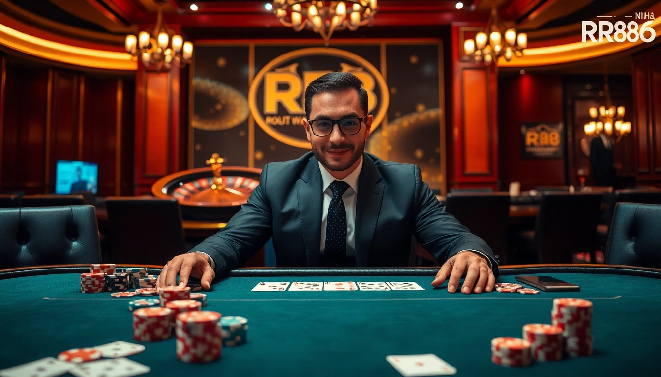 Exciting poker scene illustrating a professional gambler engaged at Nhà Cái RR88's vibrant casino table.