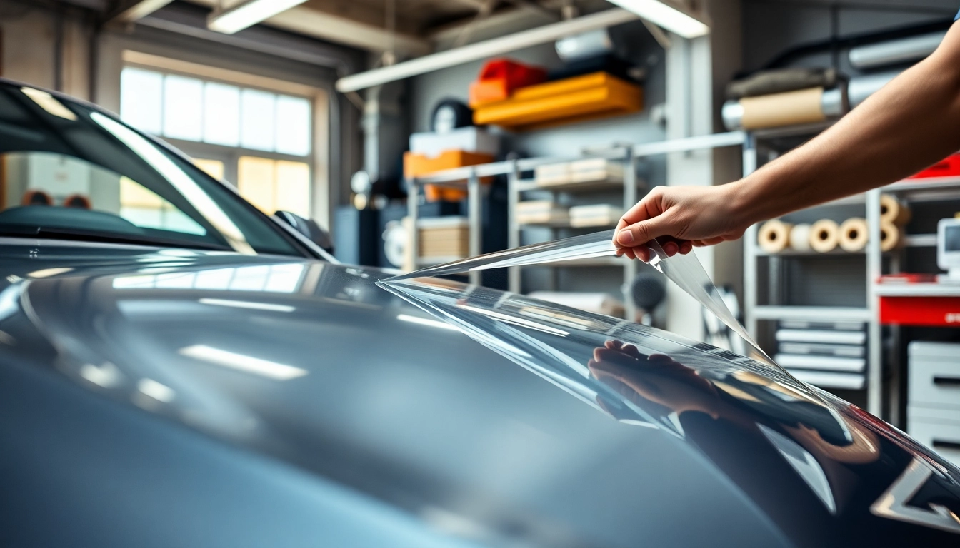 Applying paint protection film near me on a car in a bright auto detailing shop.