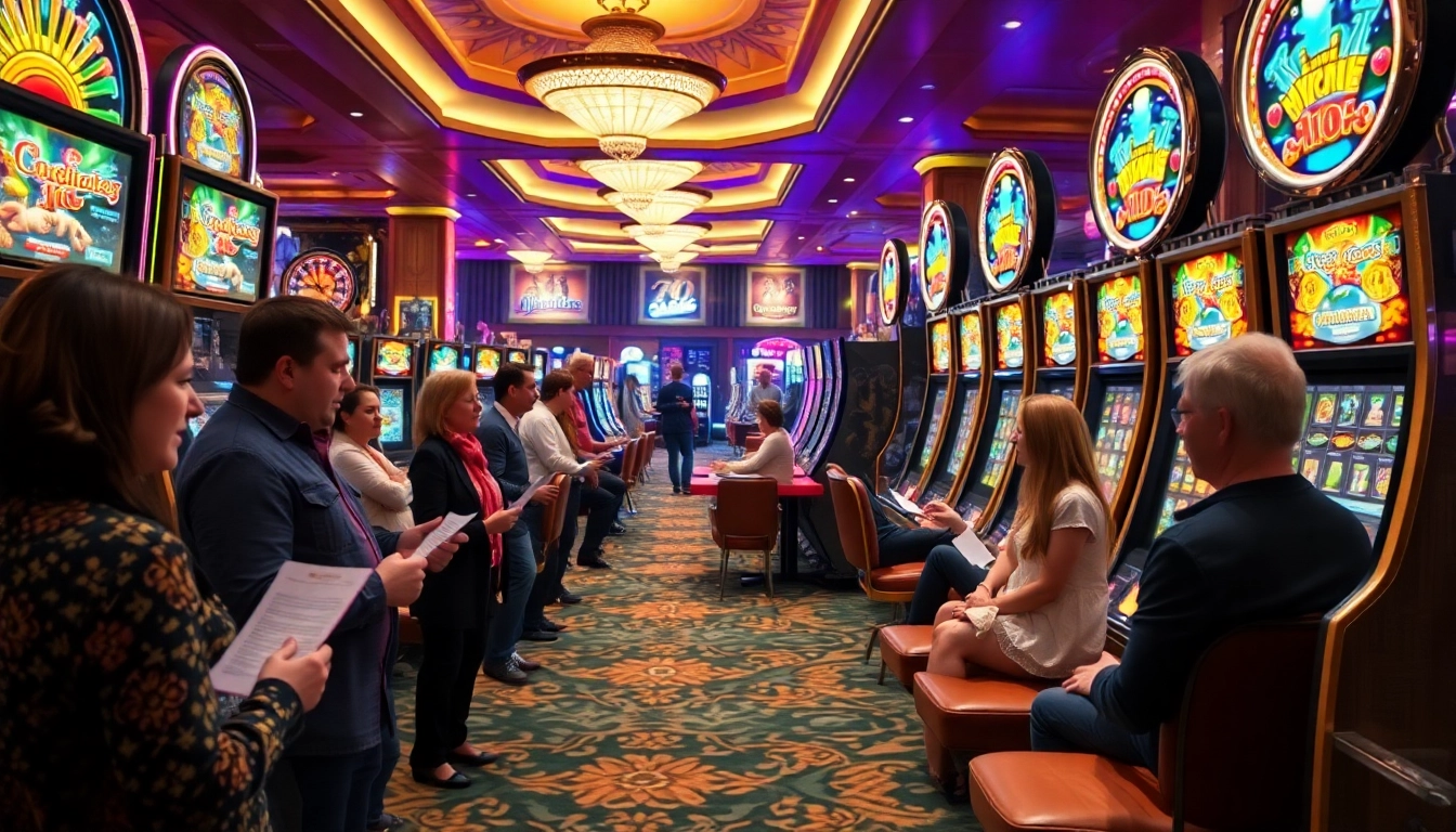 Players spinning slot machines in a vibrant casino atmosphere with flashing lights and excitement.