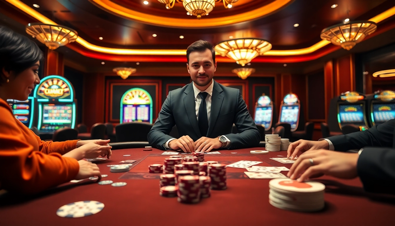 Experience exciting gameplay at https://xx88.contractors/ with a professional dealer at a vibrant casino table.