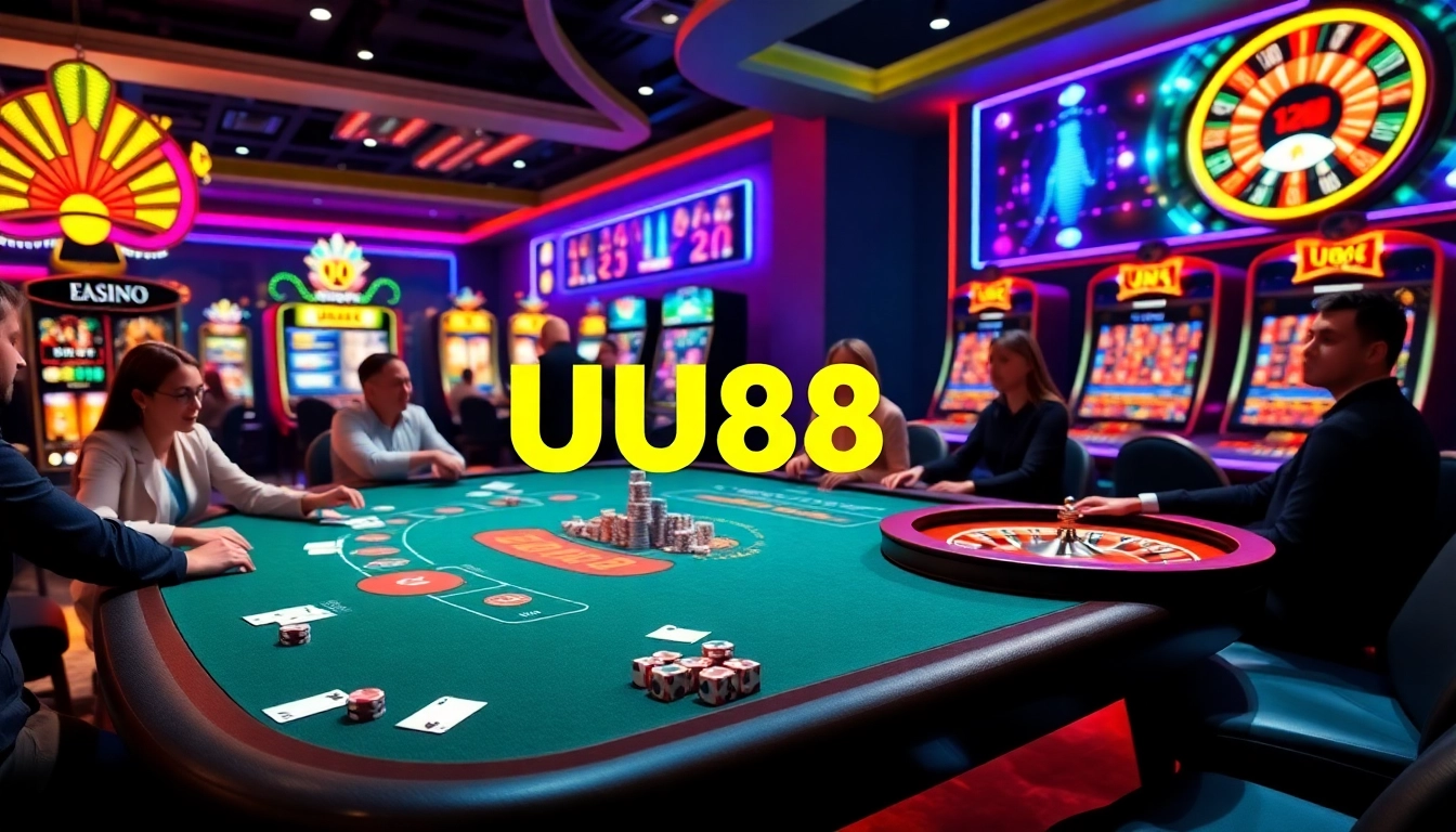 Players enjoying intense gambling action at UU88's luxurious casino tables.