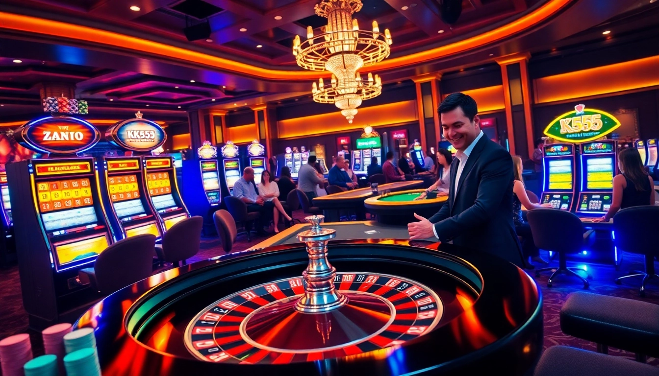 Engage in thrilling gameplay at https://kk55.exchange/ with a luxurious casino scene filled with vibrant lights and excited players.