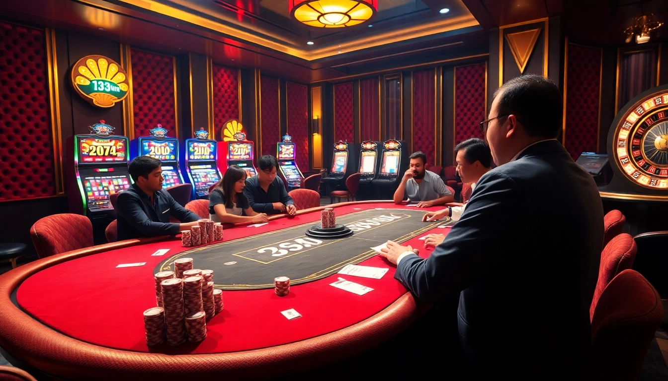 Experience the excitement of the 13win app with an immersive luxury casino scene featuring poker, roulette, and slot machines.