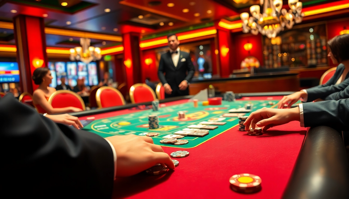 Memenangkan permainan inultogel di kasino yang ramai dengan chip berwarna dan kartu menarik.