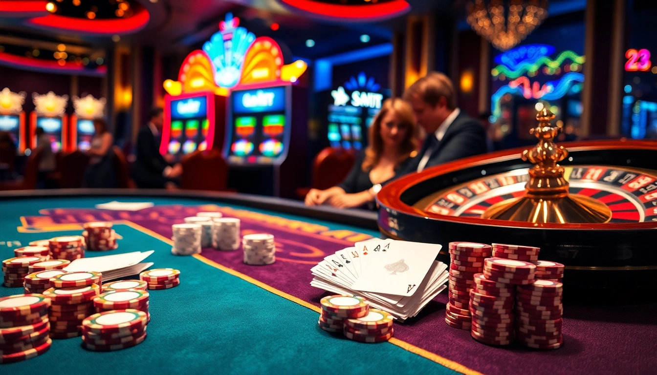 Players at the 23 win casino table celebrating their wins with poker chips and cards.