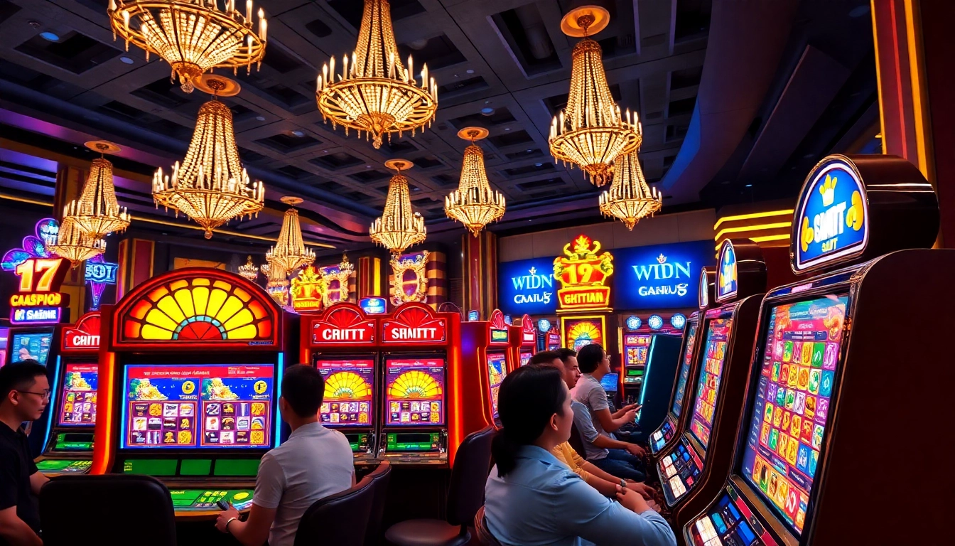Players enjoying the excitement of Singapore Slots in a vibrant casino setting with dazzling machines.