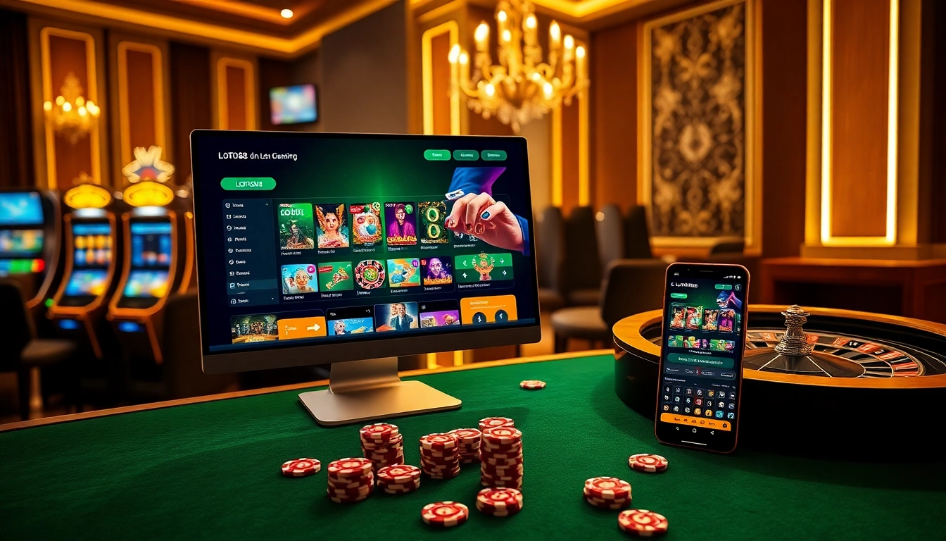 Loto188 online gambling interface showcasing luxury and excitement with casino elements.
