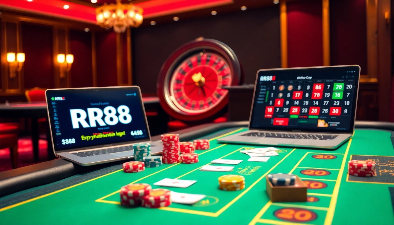 Betting at an RR88 casino table with colorful chips and cards displayed
