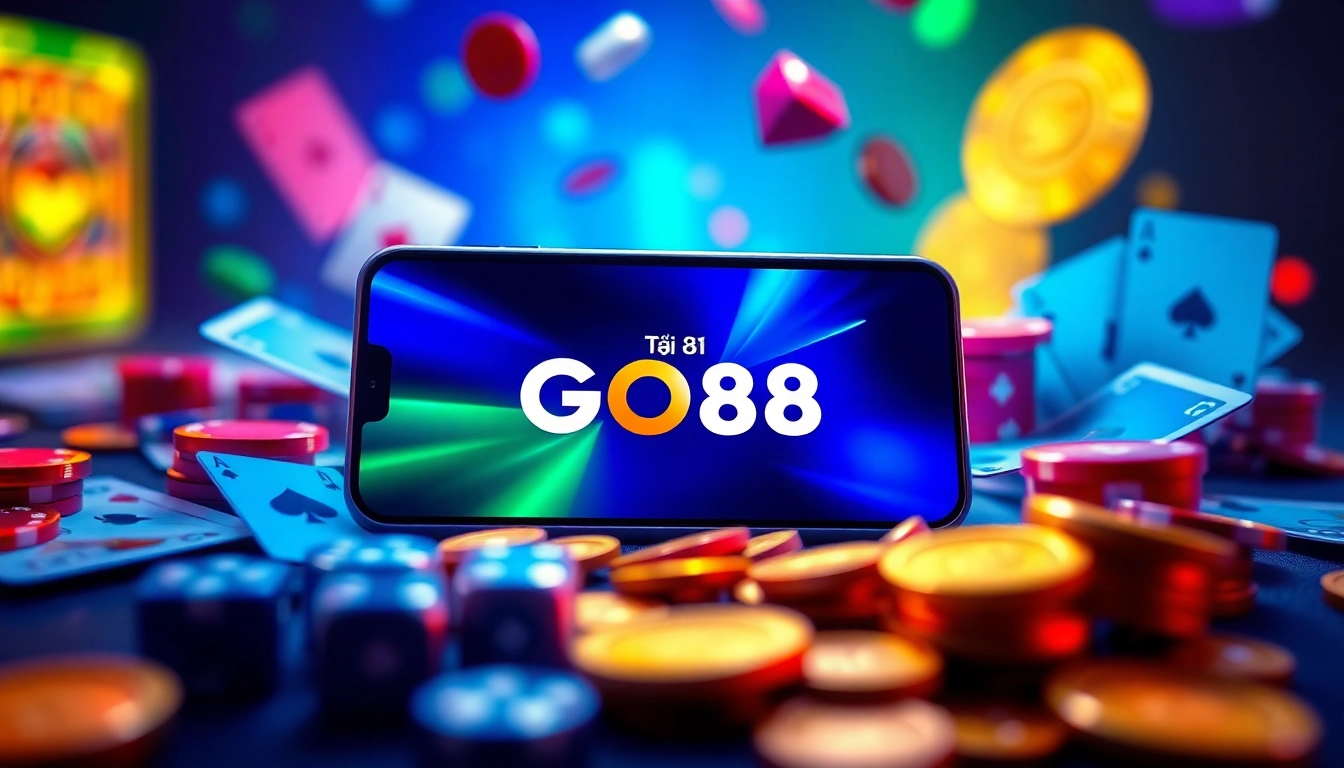 Tải GO88: Engaging visuals of the GO88 gaming app on a smartphone, surrounded by vibrant gaming elements.