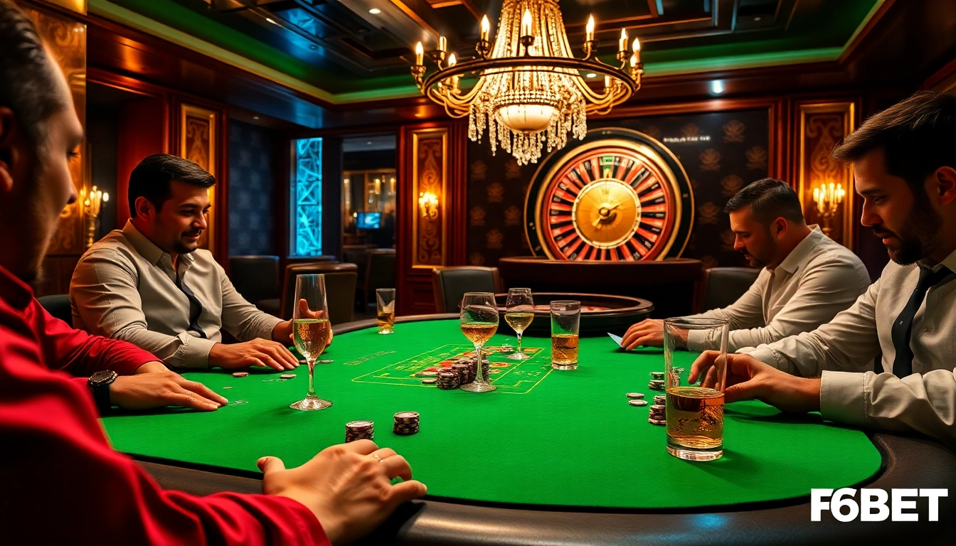 F8BET grand poker game showcasing players engaging in high stakes with luxurious decor.