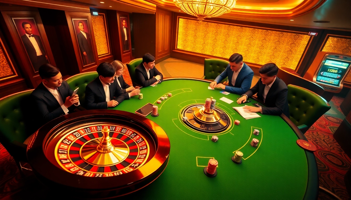 Players placing strategic bets at hz88 bet poker table with vivid casino chips and roulette wheel