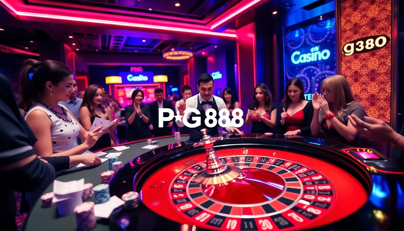 Experience the thrill of PG88 with players engaging at a vibrant casino roulette table.