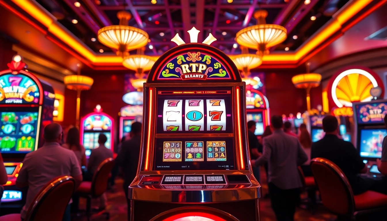 Engaging rtp slot machine surrounded by players in a colorful casino setting.