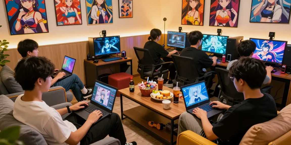Players enjoying hentai games in a vibrant gaming lounge setting with anime decor and cozy seating.