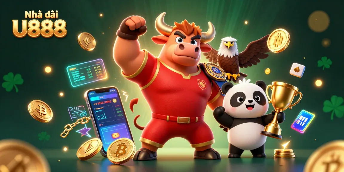 Engaging scene showcasing Nhà cái U888 with a muscular bull mascot, bald eagle, and panda, celebrating gaming wins.