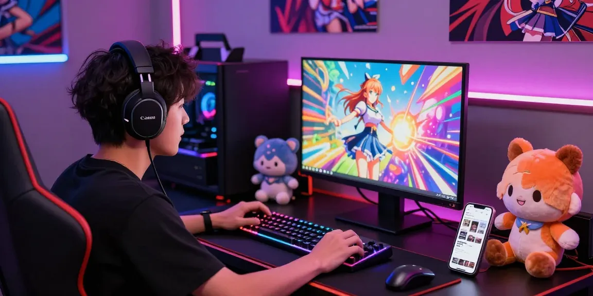 Player enjoying an ecchi game on a colorful gaming setup, surrounded by anime figures.
